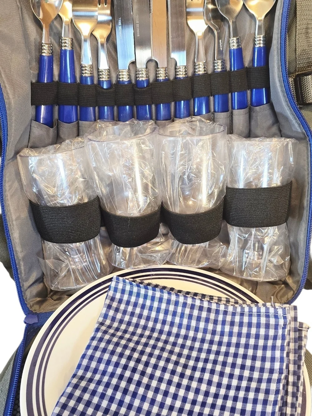 Picnic Backpack Set for 4 Gray Blue Plates Glasses Flatware Insulated Bag